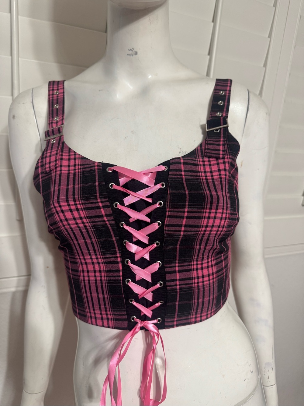 New 2x pink black plaid buckle corset top punk gothic emo goth festival Lolita